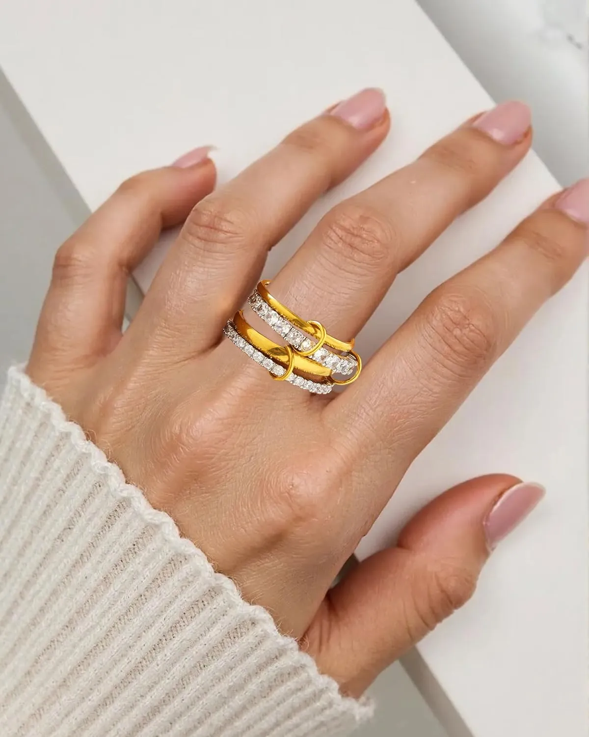 18K Gold Interlocked Stackable Rings for Women, Gold Silver Ring Stack Set, Mixed Metal Stacked, Two Tone Connected, Interlocking Statement Finger Rings Jewelry