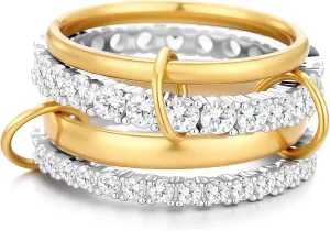 18K Gold Interlocked Stackable Rings for Women, Gold Silver Ring Stack Set, Mixed Metal Stacked, Two Tone Connected, Interlocking Statement Finger Rings Jewelry