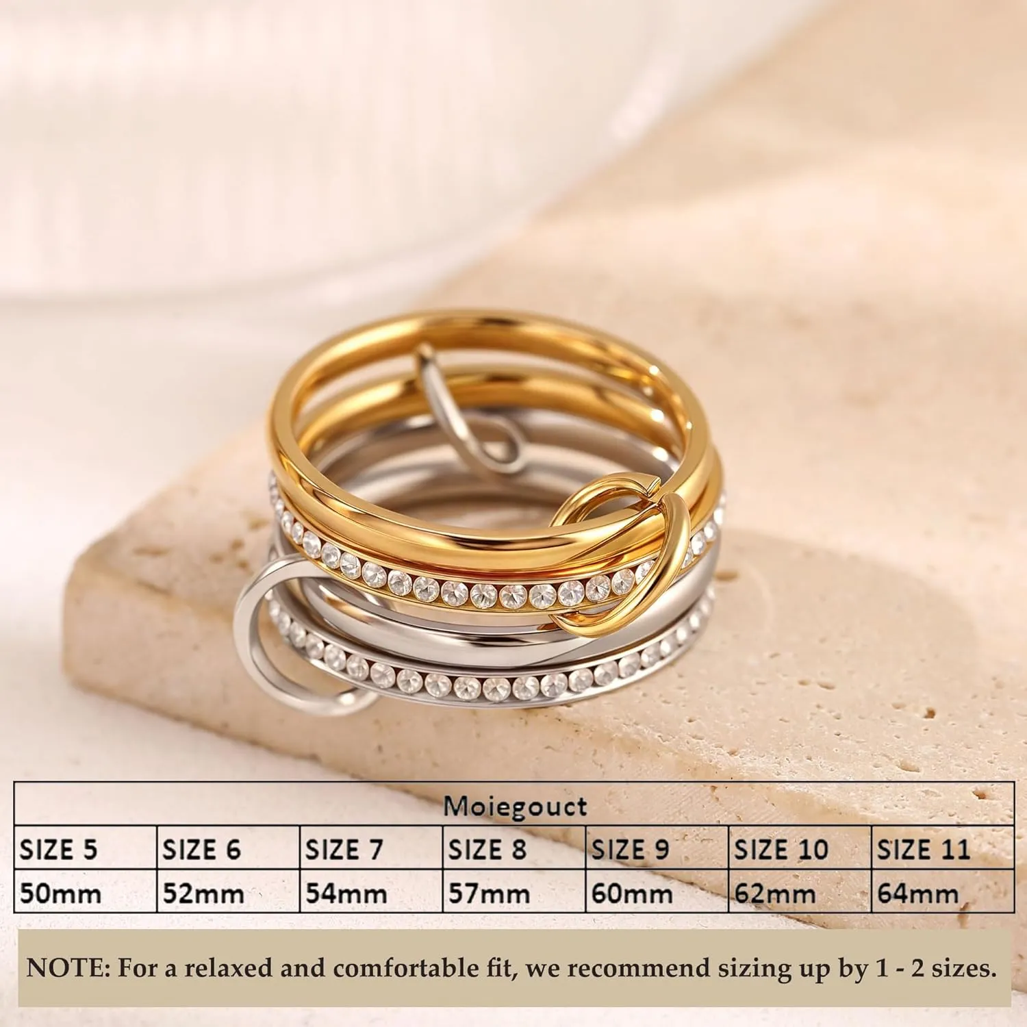 18K Gold Interlocked Stackable Rings for Women, Gold Silver Ring Stack Set, Mixed Metal Stacked, Two Tone Connected, Interlocking Statement Finger Rings Jewelry