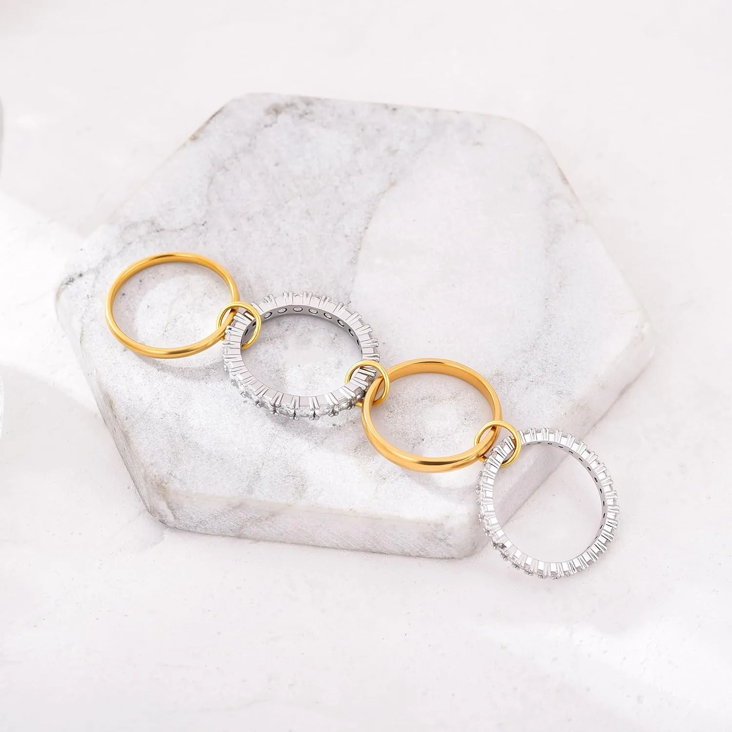 18K Gold Interlocked Stackable Rings for Women, Gold Silver Ring Stack Set, Mixed Metal Stacked, Two Tone Connected, Interlocking Statement Finger Rings Jewelry