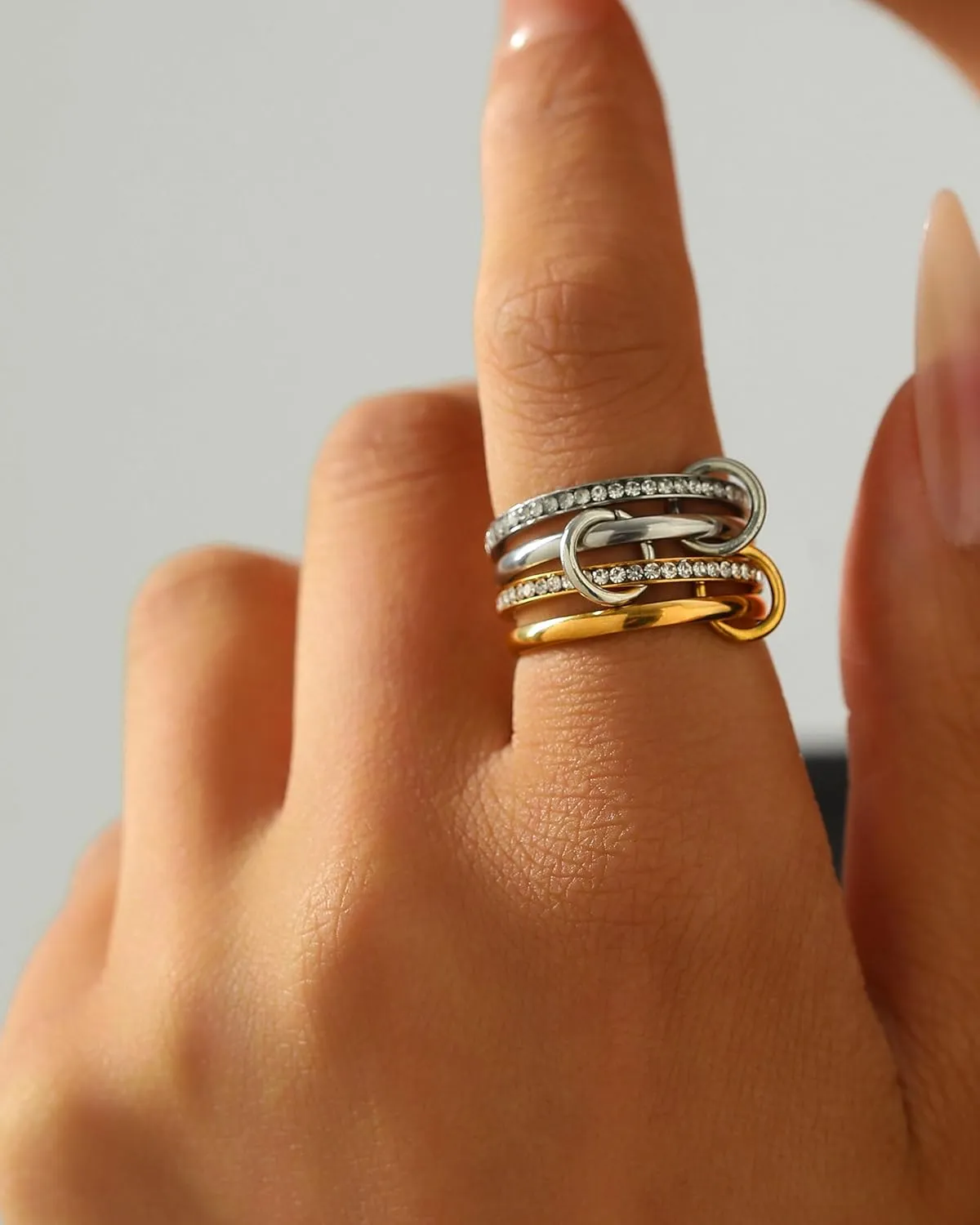 18K Gold Interlocked Stackable Rings for Women, Gold Silver Ring Stack Set, Mixed Metal Stacked, Two Tone Connected, Interlocking Statement Finger Rings Jewelry