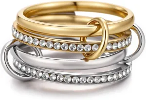 18K Gold Interlocked Stackable Rings for Women, Gold Silver Ring Stack Set, Mixed Metal Stacked, Two Tone Connected, Interlocking Statement Finger Rings Jewelry