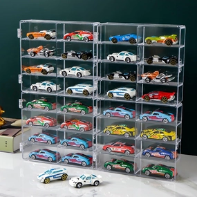1/64 Scale Matchbox Wheels Toy Car Display Case Holds 32 Toy Cars Storage Organizer, Clear Display Box with Clear Snap-On Dust Cover 6.5 X 7.5 X 1.6 Inches 4 Pack