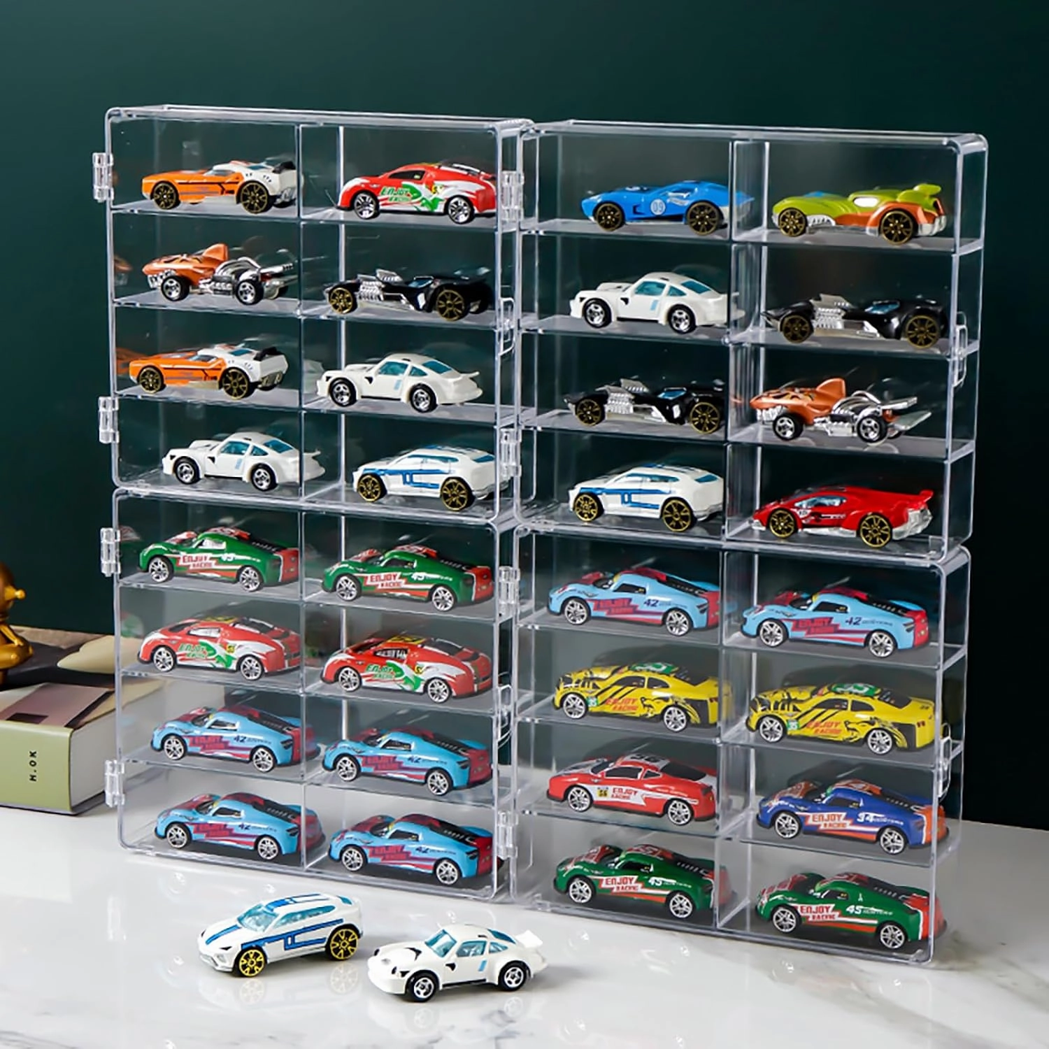 1/64 Scale Matchbox Wheels Toy Car Display Case Holds 32 Toy Cars Storage Organizer, Clear Display Box with Clear Snap-On Dust Cover 6.5 X 7.5 X 1.6 Inches 4 Pack