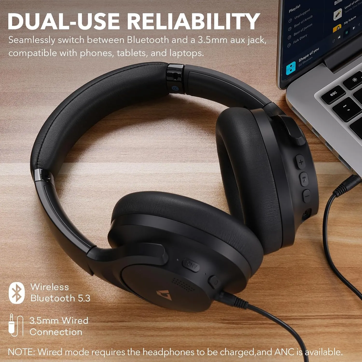 1Mii Y8 Noise Cancelling Headphones Bluetooth, Wireless LDAC Hi-Res Audio, Custom EQ, 75H Playtime, Comfort Fit, Over Ear Headphones Foldable for Airplane Travel Home Office - App Enhanced Black