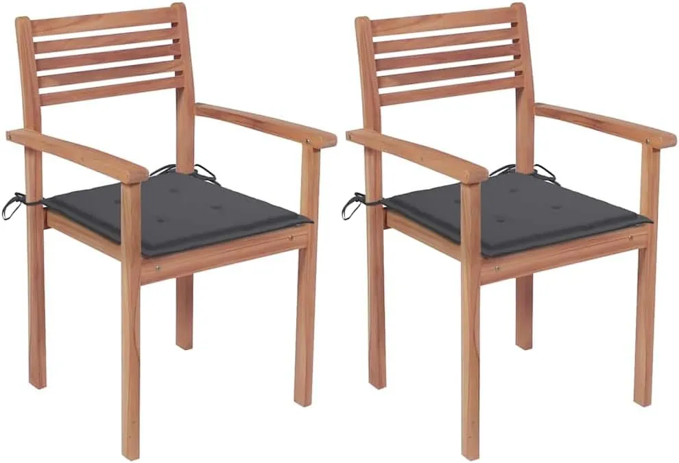 2 Pcs Stackable Patio Chairs with Anthracite Cushions Solid Teak Wood Outdoor Furniture for Garden, Patio, Deck, Backyard, Home, Office, Bar, Cafe