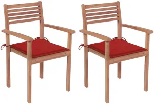 2-Piece Teak Wood Patio Chairs with Red Cushions, Stackable Outdoor Lounge Chairs for Poolside, Garden, Camping, and Backyard