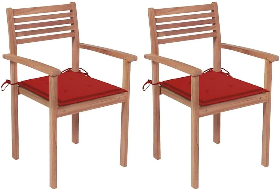 2-Piece Teak Wood Patio Chairs with Red Cushions, Stackable Outdoor Lounge Chairs for Poolside, Garden, Camping, and Backyard