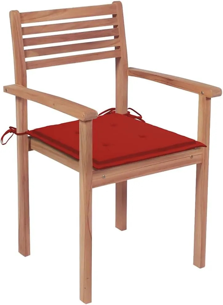 2-Piece Teak Wood Patio Chairs with Red Cushions, Stackable Outdoor Lounge Chairs for Poolside, Garden, Camping, and Backyard