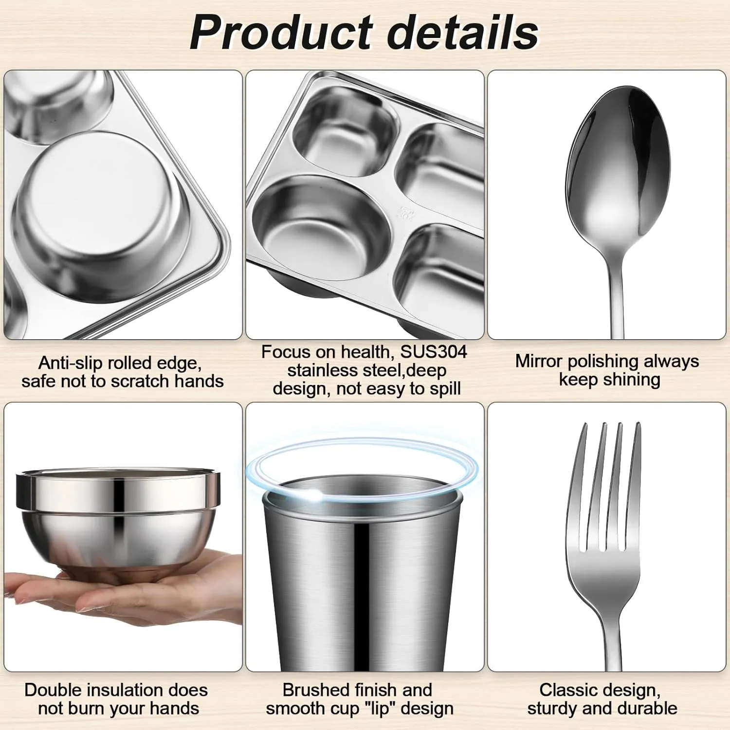 20 Pcs Stainless Steel Plates Bowls Cups Spoons Forks Stainless Steel Dinnerware Set Divided Plates Dinner Tray for Home Kitchen Restaurant(5 Compartment)