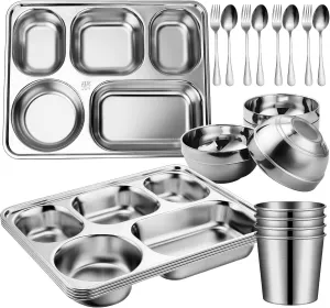 20 Pcs Stainless Steel Plates Bowls Cups Spoons Forks Stainless Steel Dinnerware Set Divided Plates Dinner Tray for Home Kitchen Restaurant(5 Compartment)
