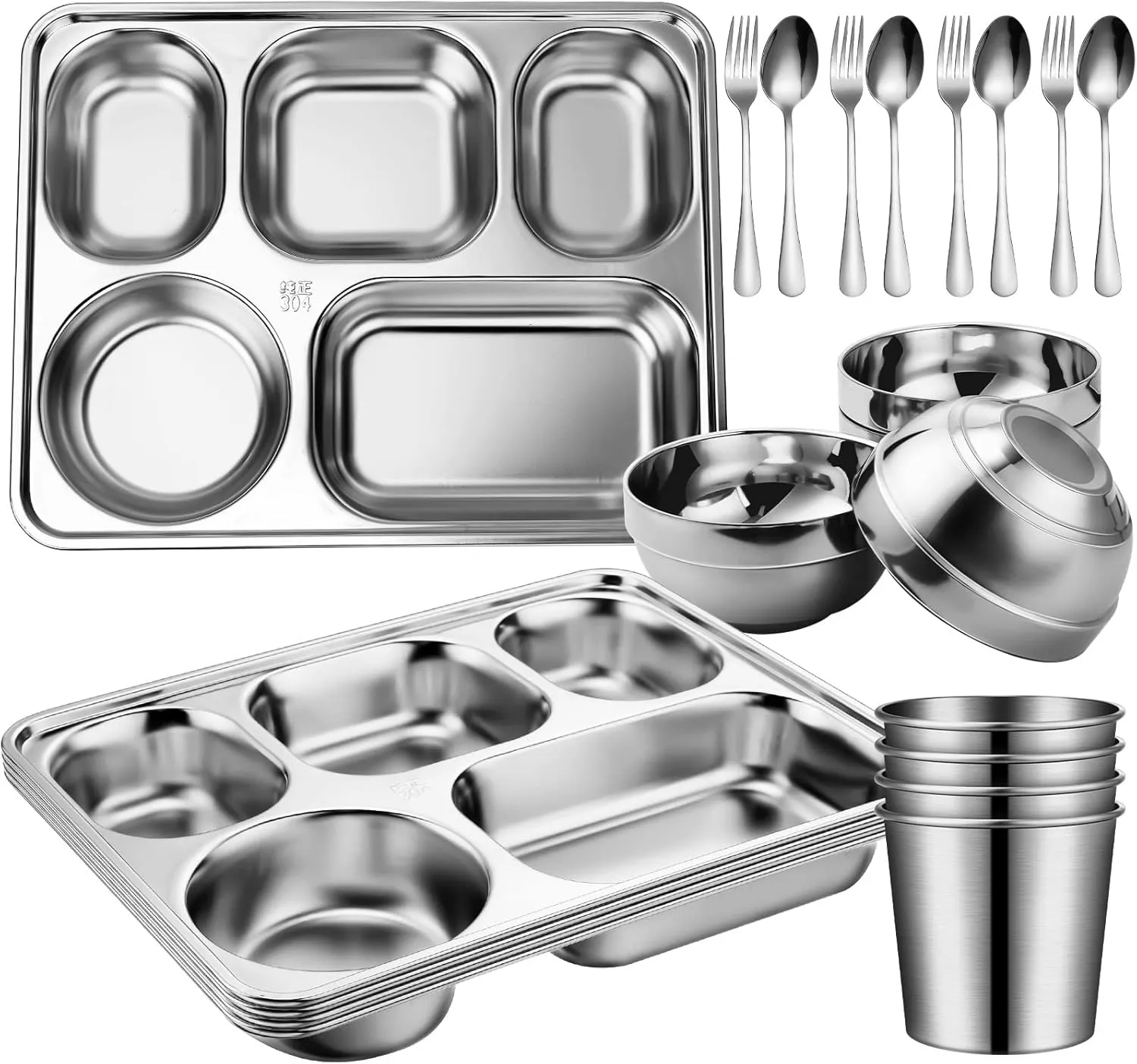 20 Pcs Stainless Steel Plates Bowls Cups Spoons Forks Stainless Steel Dinnerware Set Divided Plates Dinner Tray for Home Kitchen Restaurant(5 Compartment)