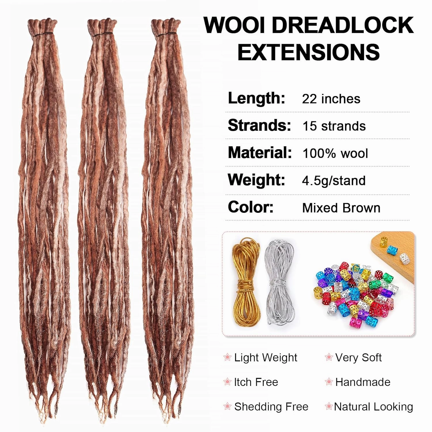 22 Inch Wool Double Ended Dreadlock Extensions,15 Strands DE Ends Mixed Brown Synthetic DE Dreads Thin Soft Fake Dreads Hippie Style Dreadlock for Women