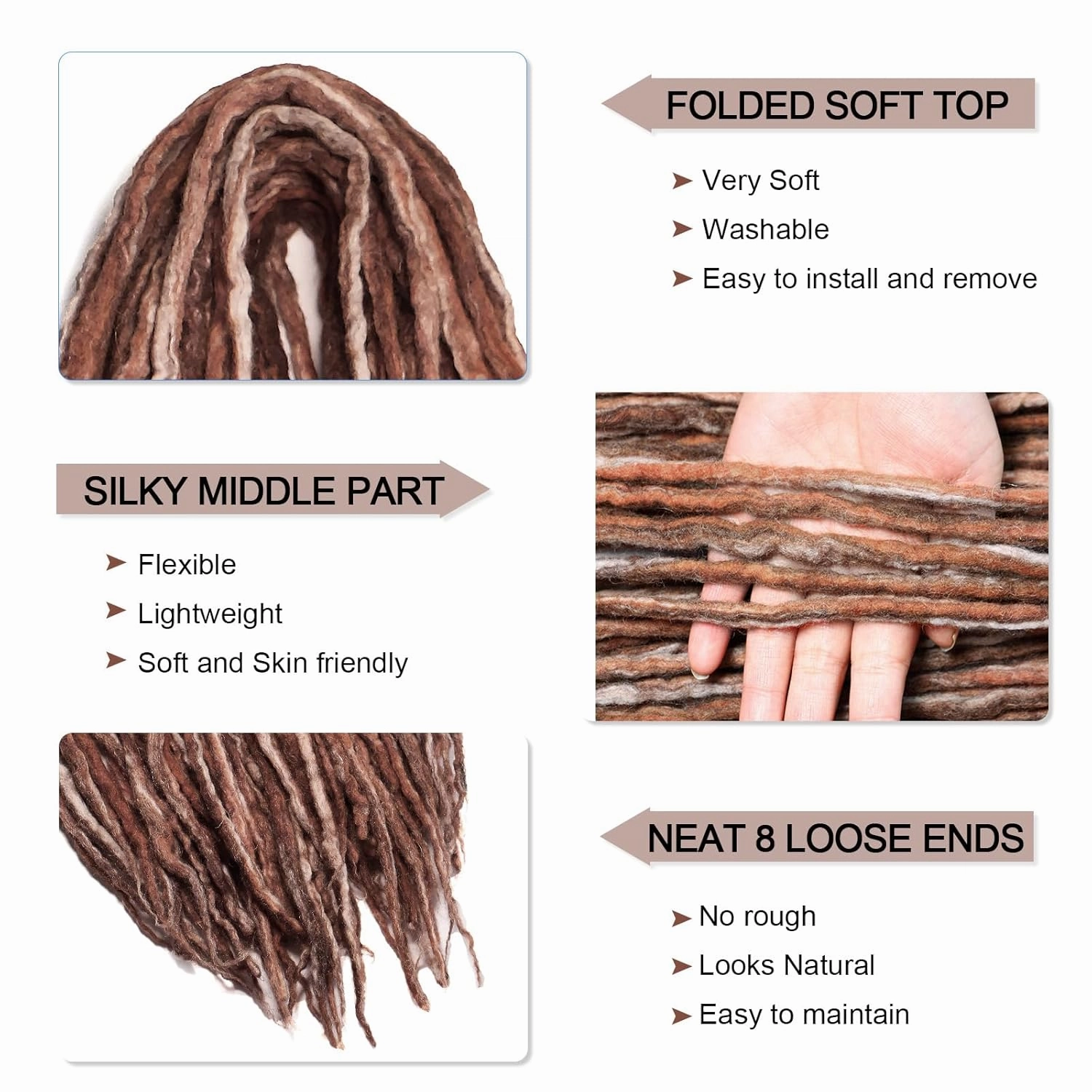 22 Inch Wool Double Ended Dreadlock Extensions,15 Strands DE Ends Mixed Brown Synthetic DE Dreads Thin Soft Fake Dreads Hippie Style Dreadlock for Women