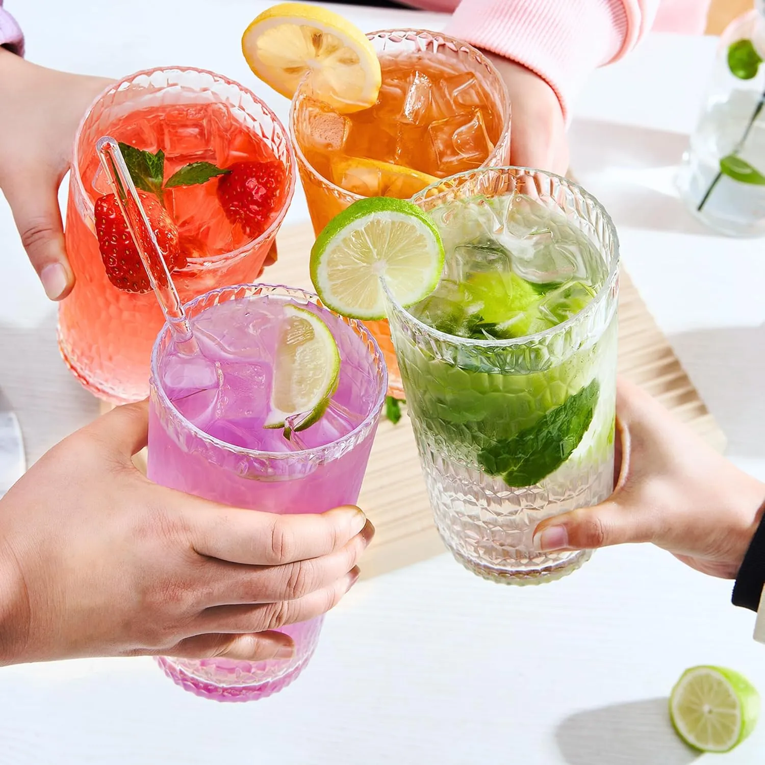 22oz Clear Acrylic Glasses Drinkware (Set of 8), Honeycomb Stackable Shatter-Proof Plastic Tumblers, Reusable Plastic Drinking Glasses, BPA-Free, Dishwasher-Safe