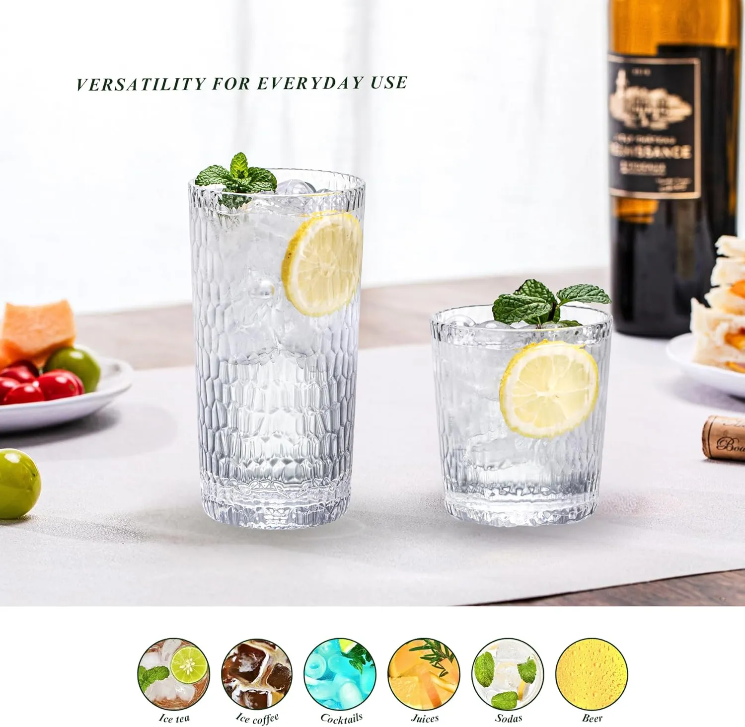 22oz Clear Acrylic Glasses Drinkware (Set of 8), Honeycomb Stackable Shatter-Proof Plastic Tumblers, Reusable Plastic Drinking Glasses, BPA-Free, Dishwasher-Safe