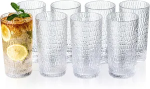 22oz Clear Acrylic Glasses Drinkware (Set of 8), Honeycomb Stackable Shatter-Proof Plastic Tumblers, Reusable Plastic Drinking Glasses, BPA-Free, Dishwasher-Safe