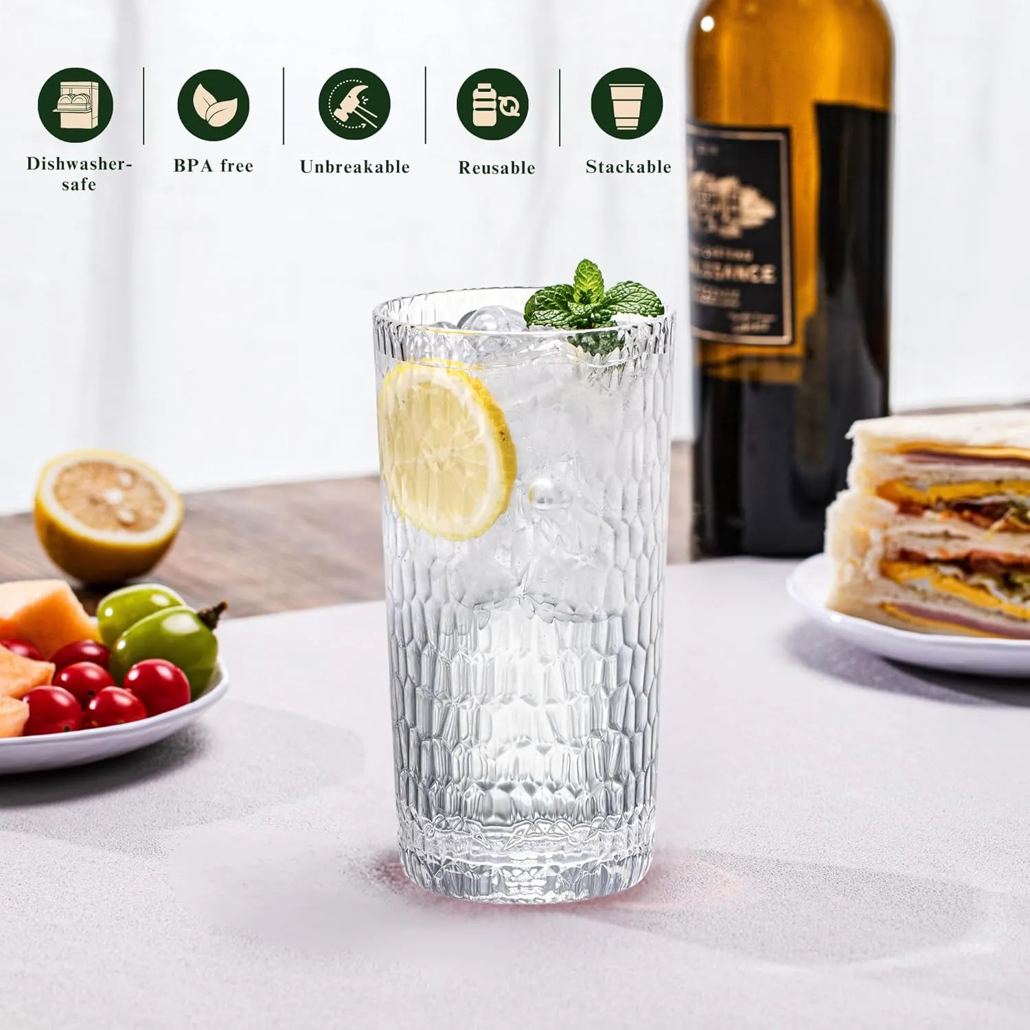 22oz Clear Acrylic Glasses Drinkware (Set of 8), Honeycomb Stackable Shatter-Proof Plastic Tumblers, Reusable Plastic Drinking Glasses, BPA-Free, Dishwasher-Safe