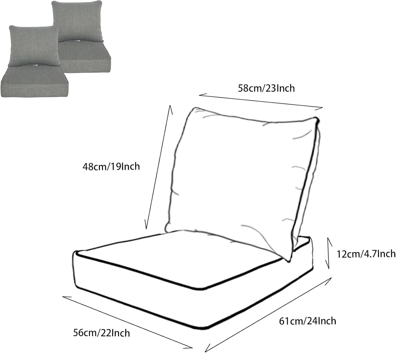 22x24 inch Outdoor/Indoor Deep Seat Patio Cushions Set of 2 Deep Seat Bottom Resilient Foam Filling with Zipper Stain-Resistant UV Resistant Weather Resistant Gray