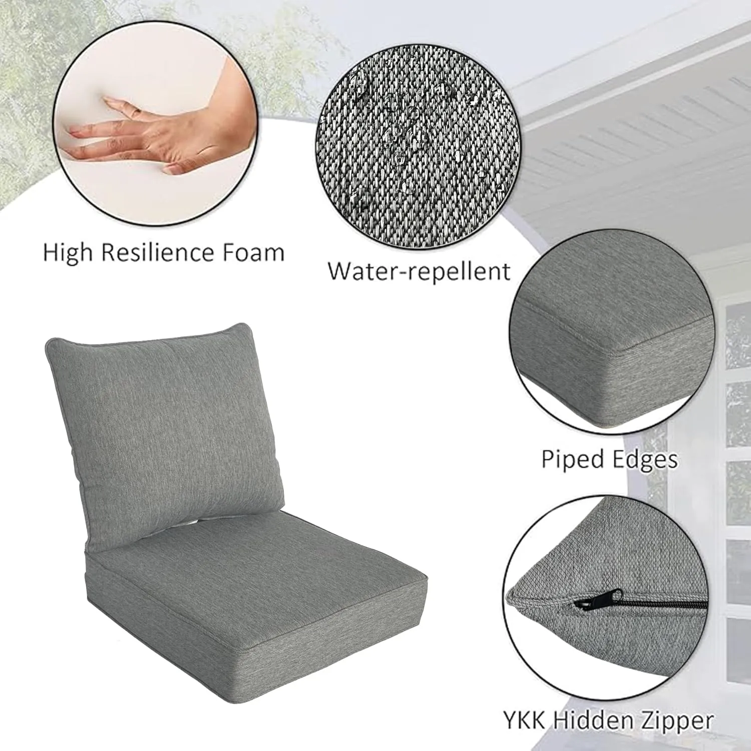 22x24 inch Outdoor/Indoor Deep Seat Patio Cushions Set of 2 Deep Seat Bottom Resilient Foam Filling with Zipper Stain-Resistant UV Resistant Weather Resistant Gray