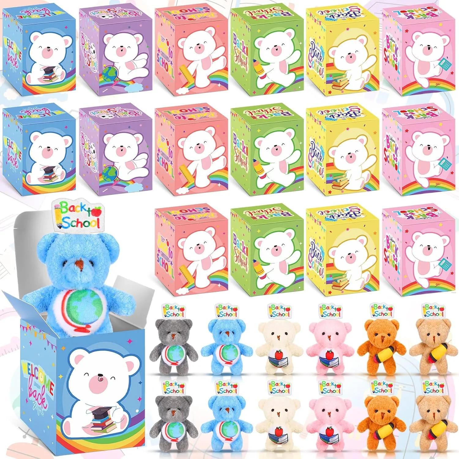 24 Pcs Back to School Gifts for Students Mini Stuffed Animal Keychains Bulk Little Plush Toys with Box for First Day of School Classroom Gift Welcome Party Favors (Bears)