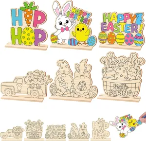 24 Pcs Color Your Own Easter Crafts Bunny Egg DIY Wooden Tabletop Signs Happy Easter Craft Kits Centerpiece Art Signs Table Decorations for Spring Home Activities Gifts Party Favors