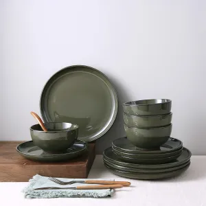 24 Piece Dinnerware Set for 8, Santorini Mist Terracotta Plates and Bowls Sets, Complete Stoneware Dish Set for Large Families and Entertaining, Microwave & Dishwasher Safe, Blackish Green
