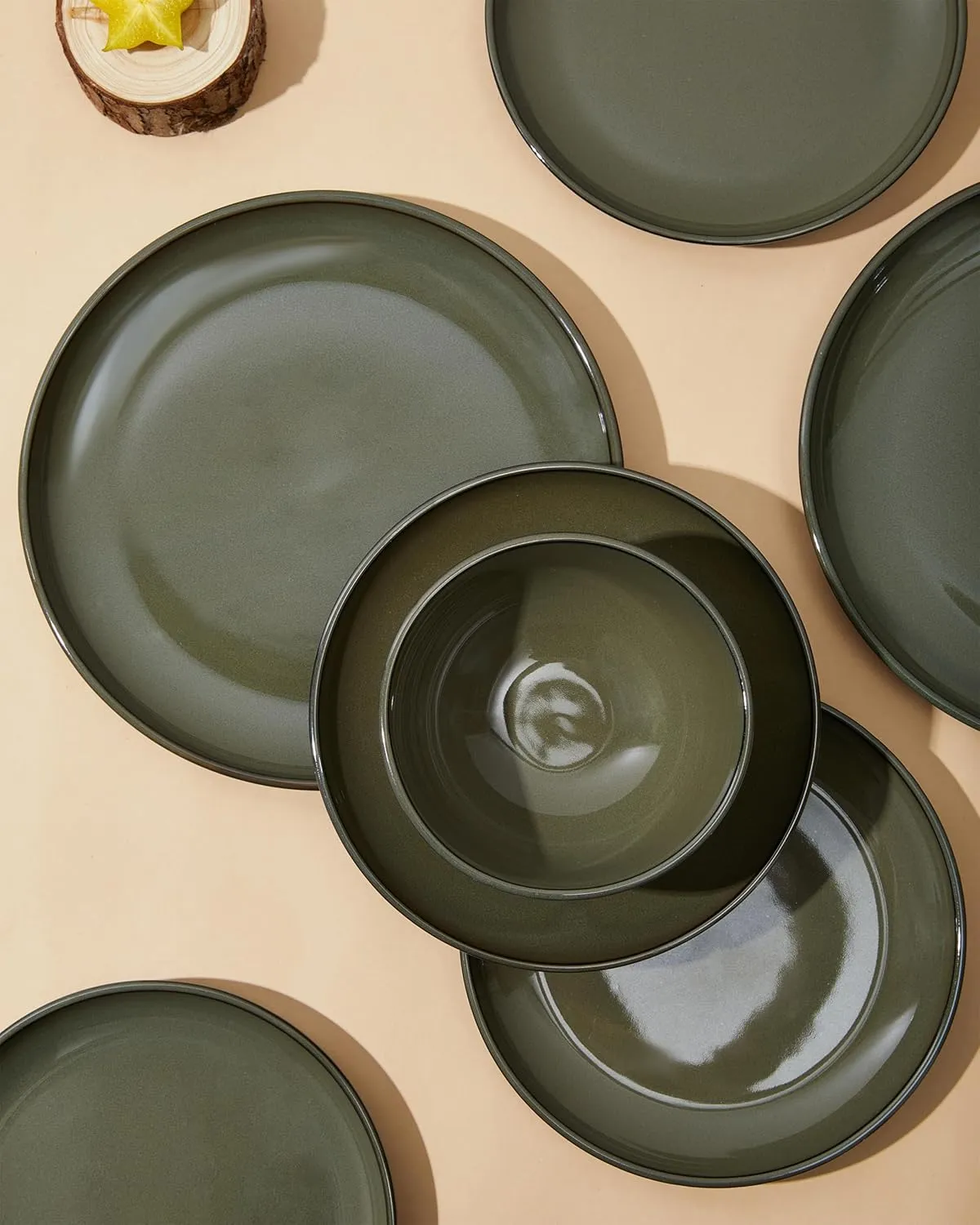 24 Piece Dinnerware Set for 8, Santorini Mist Terracotta Plates and Bowls Sets, Complete Stoneware Dish Set for Large Families and Entertaining, Microwave & Dishwasher Safe, Blackish Green