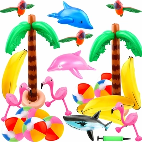 24 Pack Large Inflatable Palm Tree Flamingo Banana Beach Ball Parrot Dolphin Shark Blow up Beach Pool Toys for Tropical Hawaiian Summer Pool Swim Party Decor