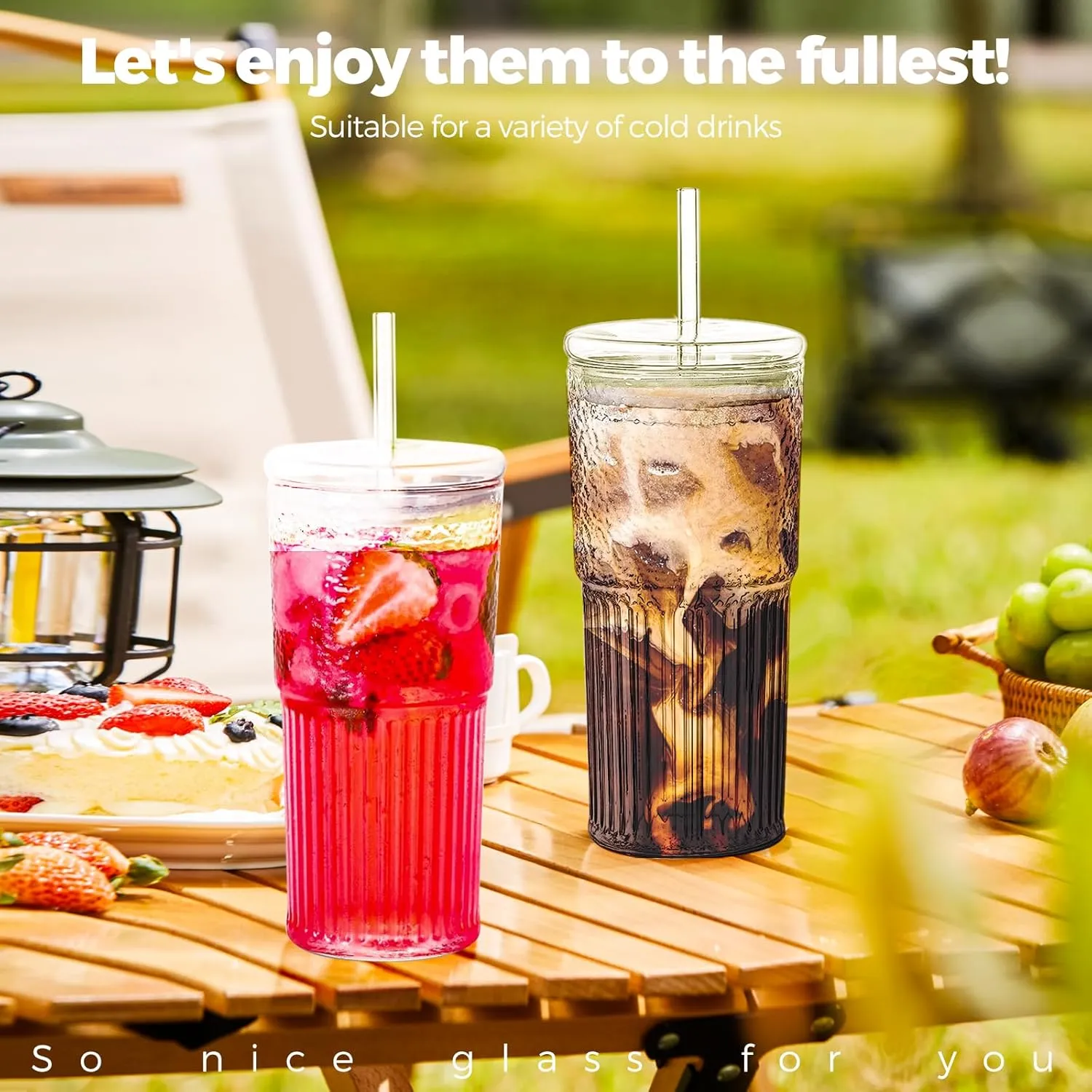 2PCS Glass Cups with Lids and Glass Straws, 20OZ Iced Coffee Cups, Home Essential and Coffee Bar Accessories Borosilicate Glass Tumblers with Lid and Straw for Beer, Cocktail, Tea and Latte, Amber
