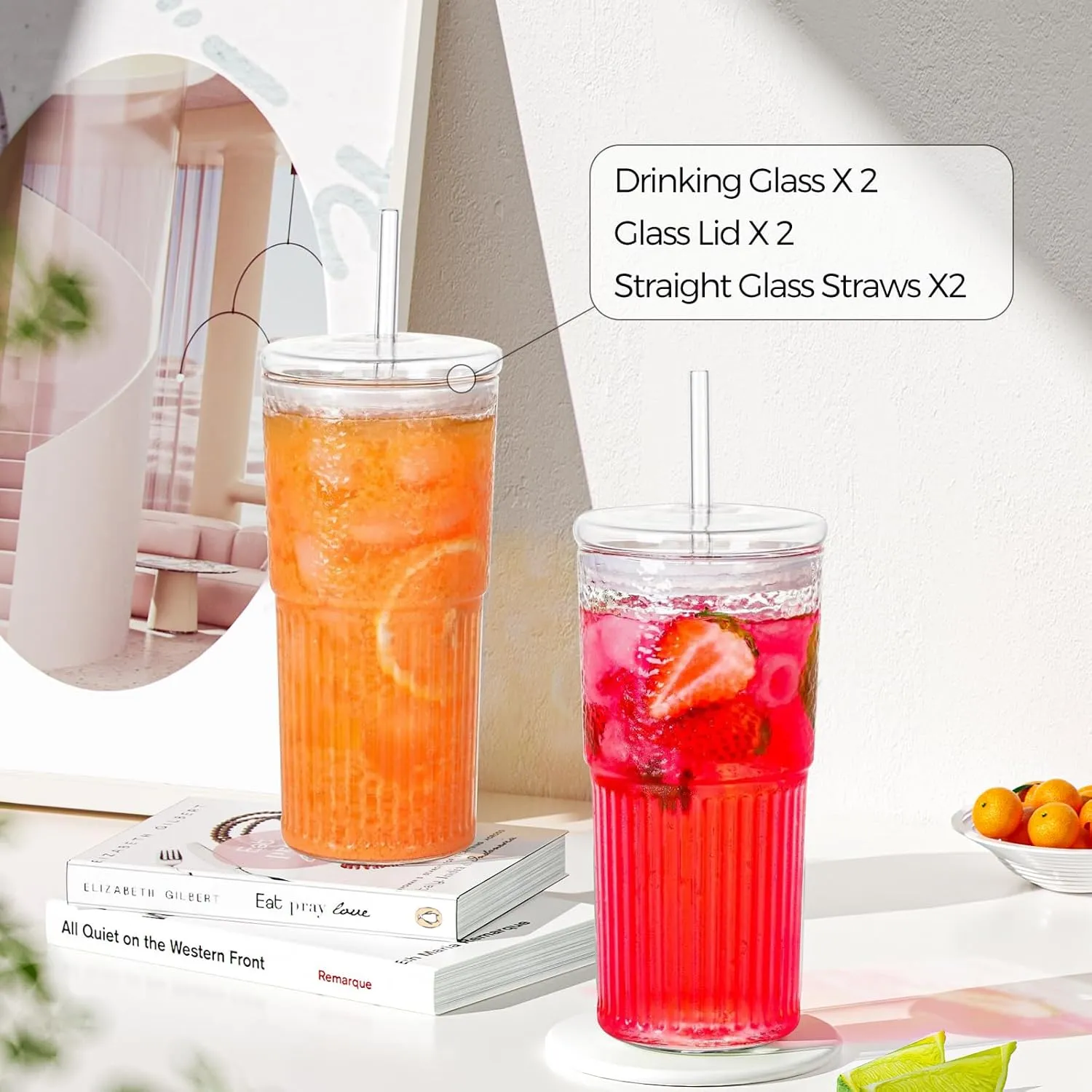 2PCS Glass Cups with Lids and Glass Straws, 20OZ Iced Coffee Cups, Home Essential and Coffee Bar Accessories Borosilicate Glass Tumblers with Lid and Straw for Beer, Cocktail, Tea and Latte, Amber