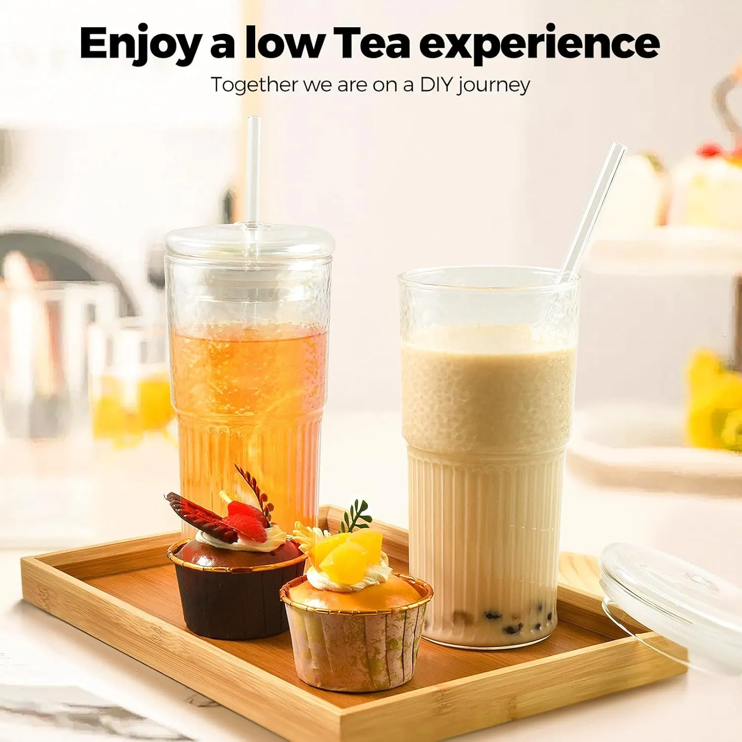 2PCS Glass Cups with Lids and Glass Straws, 20OZ Iced Coffee Cups, Home Essential and Coffee Bar Accessories Borosilicate Glass Tumblers with Lid and Straw for Beer, Cocktail, Tea and Latte, Amber