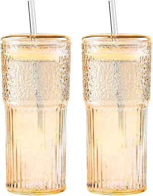 2PCS Glass Cups with Lids and Glass Straws, 20OZ Iced Coffee Cups, Home Essential and Coffee Bar Accessories Borosilicate Glass Tumblers with Lid and Straw for Beer, Cocktail, Tea and Latte, Amber