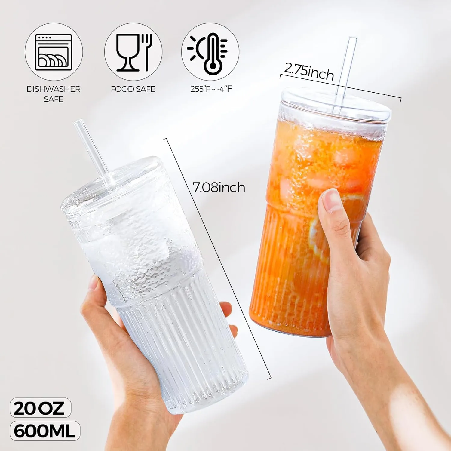 2PCS Glass Cups with Lids and Glass Straws, 20OZ Iced Coffee Cups, Home Essential and Coffee Bar Accessories Borosilicate Glass Tumblers with Lid and Straw for Beer, Cocktail, Tea and Latte, Amber