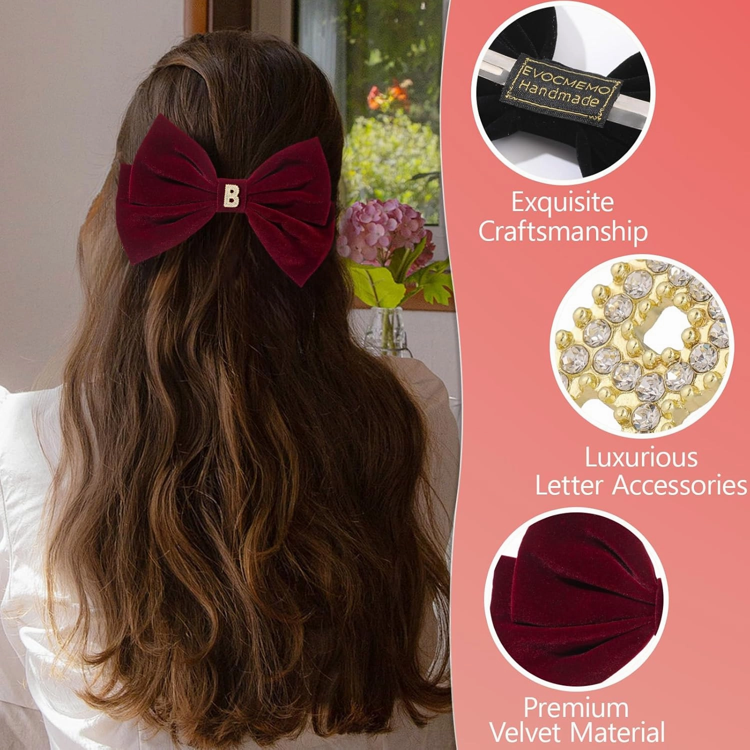 2Pcs Velvet Hair Bows Set – Black & Burgundy Elegant Bow Clip & Long Ribbon Hair Clip, Personalized Hair Accessories for Women, Girls & Kids, Gift for Weddings, Birthdays, Christmas-B