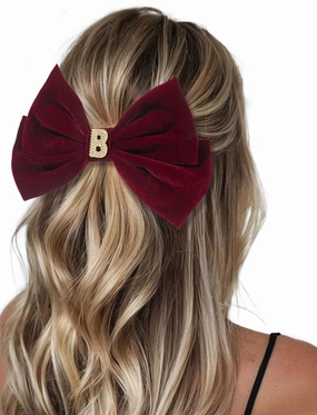 2Pcs Velvet Hair Bows Set – Black & Burgundy Elegant Bow Clip & Long Ribbon Hair Clip, Personalized Hair Accessories for Women, Girls & Kids, Gift for Weddings, Birthdays, Christmas-B