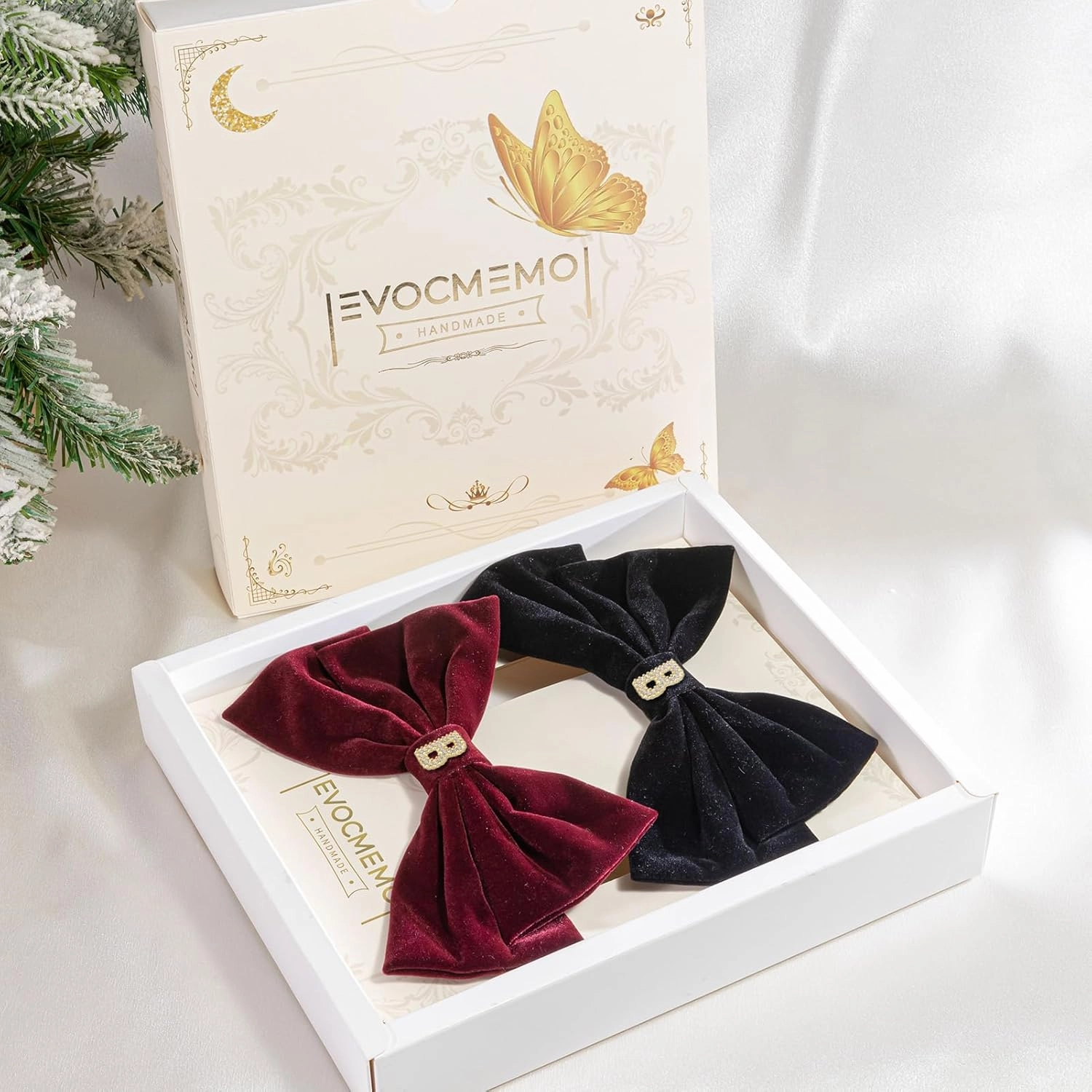 2Pcs Velvet Hair Bows Set – Black & Burgundy Elegant Bow Clip & Long Ribbon Hair Clip, Personalized Hair Accessories for Women, Girls & Kids, Gift for Weddings, Birthdays, Christmas-B