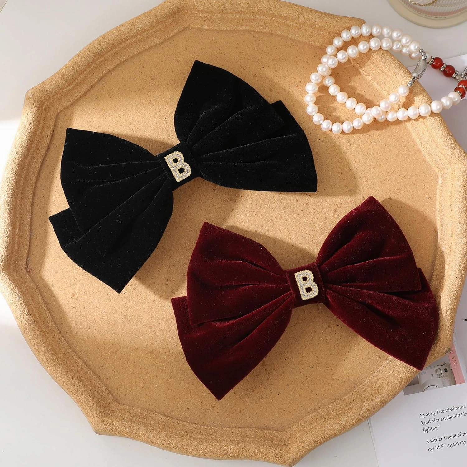 2Pcs Velvet Hair Bows Set – Black & Burgundy Elegant Bow Clip & Long Ribbon Hair Clip, Personalized Hair Accessories for Women, Girls & Kids, Gift for Weddings, Birthdays, Christmas-B