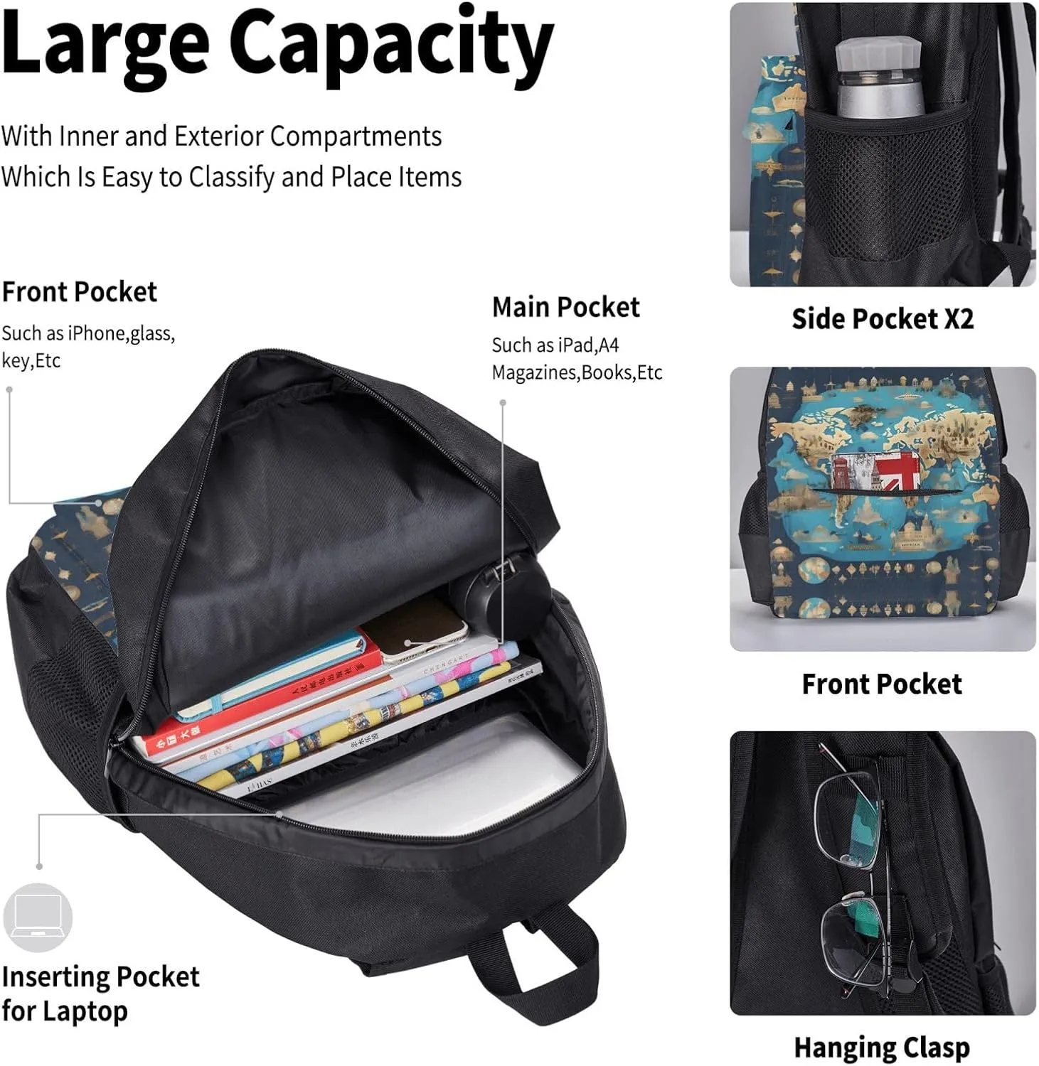 3-In-1 Backpack Bookbag Set,World Geography Map Print Casual Travel Backpacks,With Pencil Case Pouch, Lunch Bag