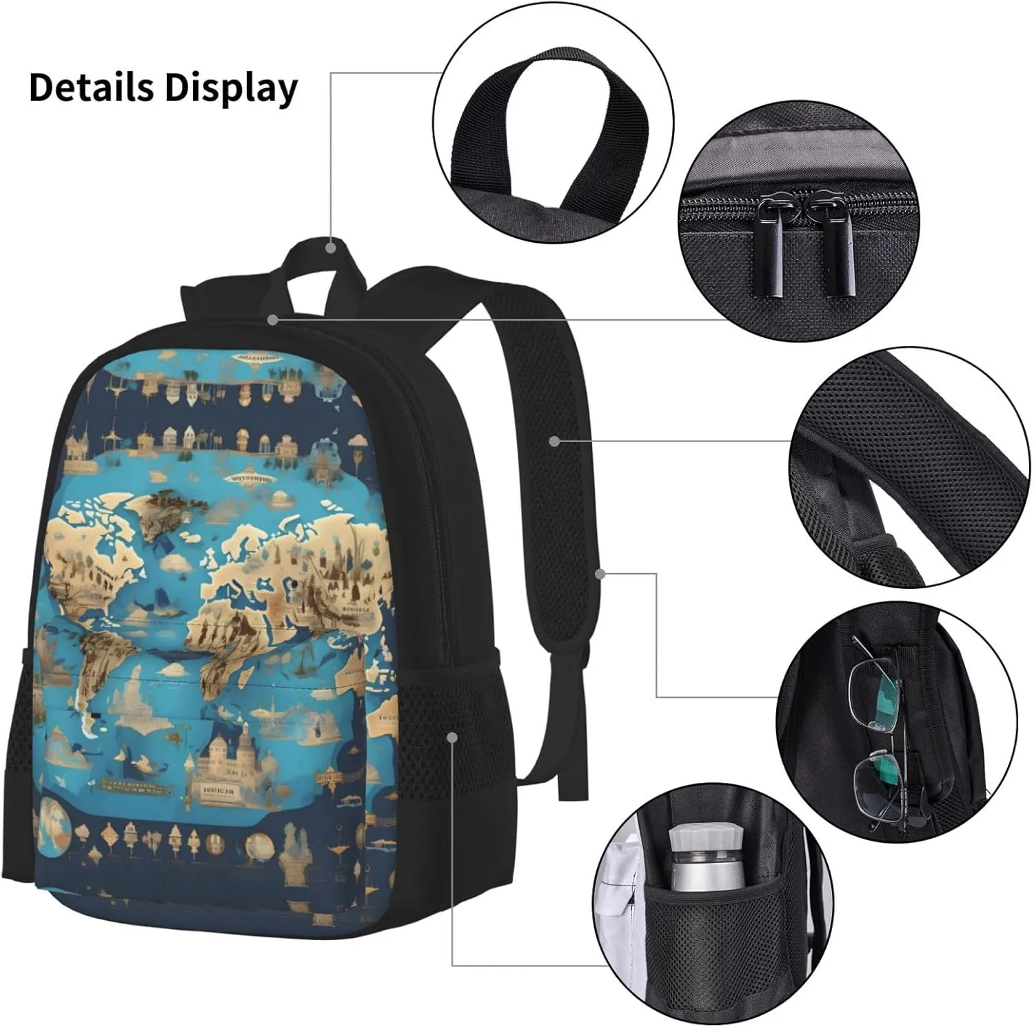 3-In-1 Backpack Bookbag Set,World Geography Map Print Casual Travel Backpacks,With Pencil Case Pouch, Lunch Bag