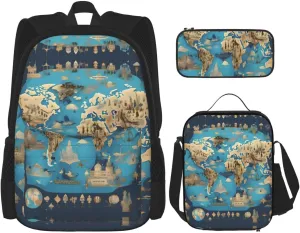 3-In-1 Backpack Bookbag Set,World Geography Map Print Casual Travel Backpacks,With Pencil Case Pouch, Lunch Bag