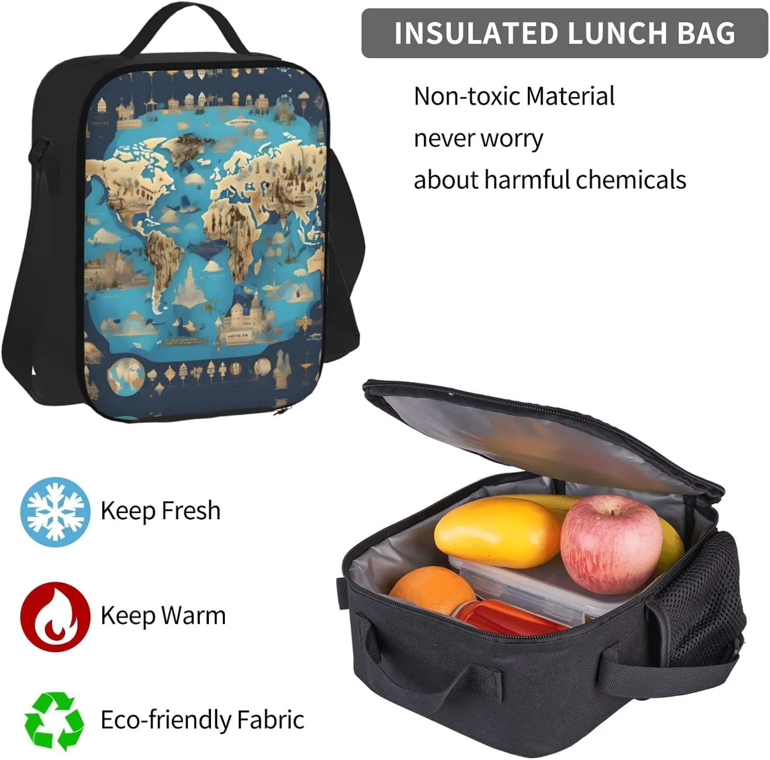 3-In-1 Backpack Bookbag Set,World Geography Map Print Casual Travel Backpacks,With Pencil Case Pouch, Lunch Bag