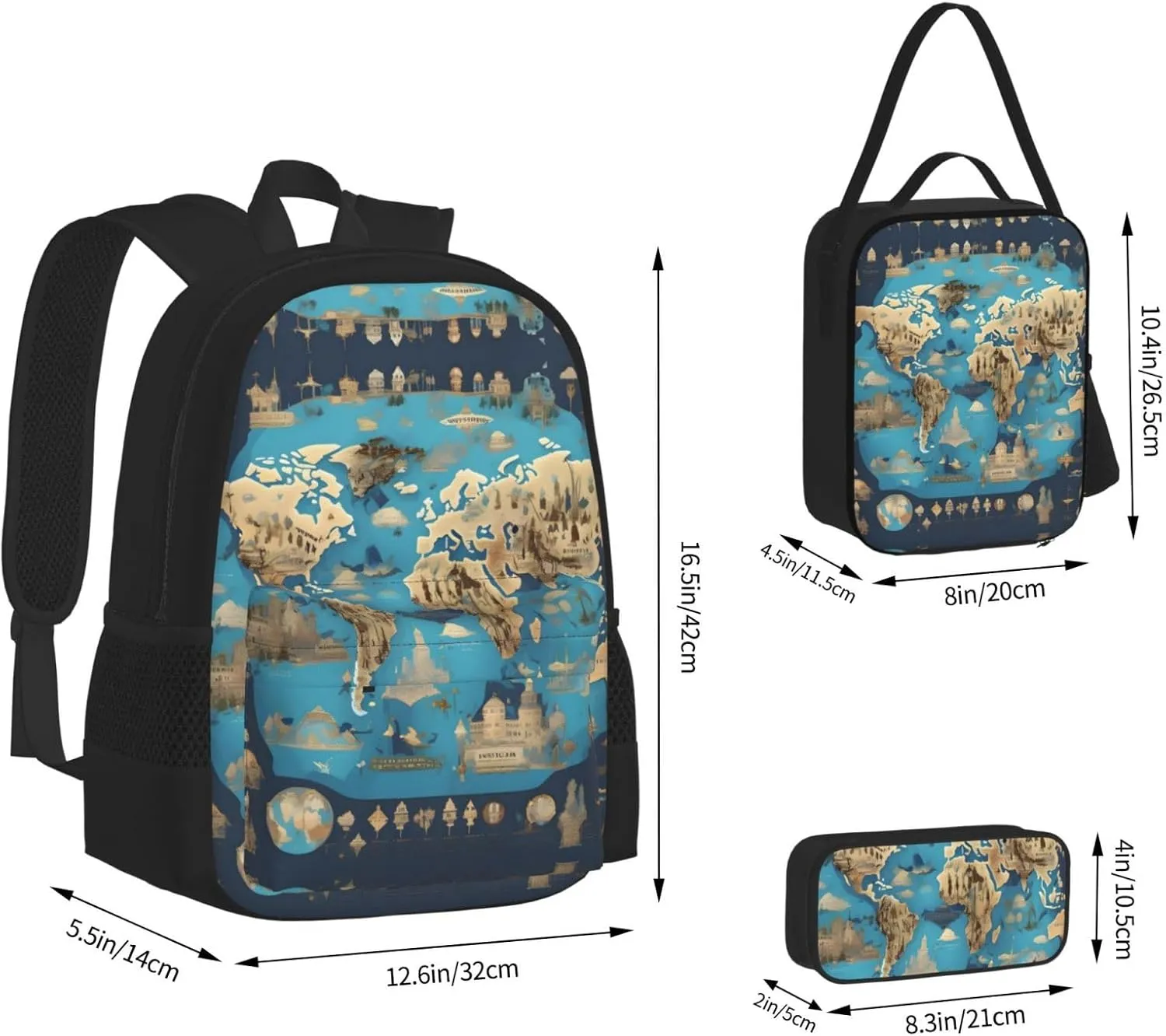3-In-1 Backpack Bookbag Set,World Geography Map Print Casual Travel Backpacks,With Pencil Case Pouch, Lunch Bag