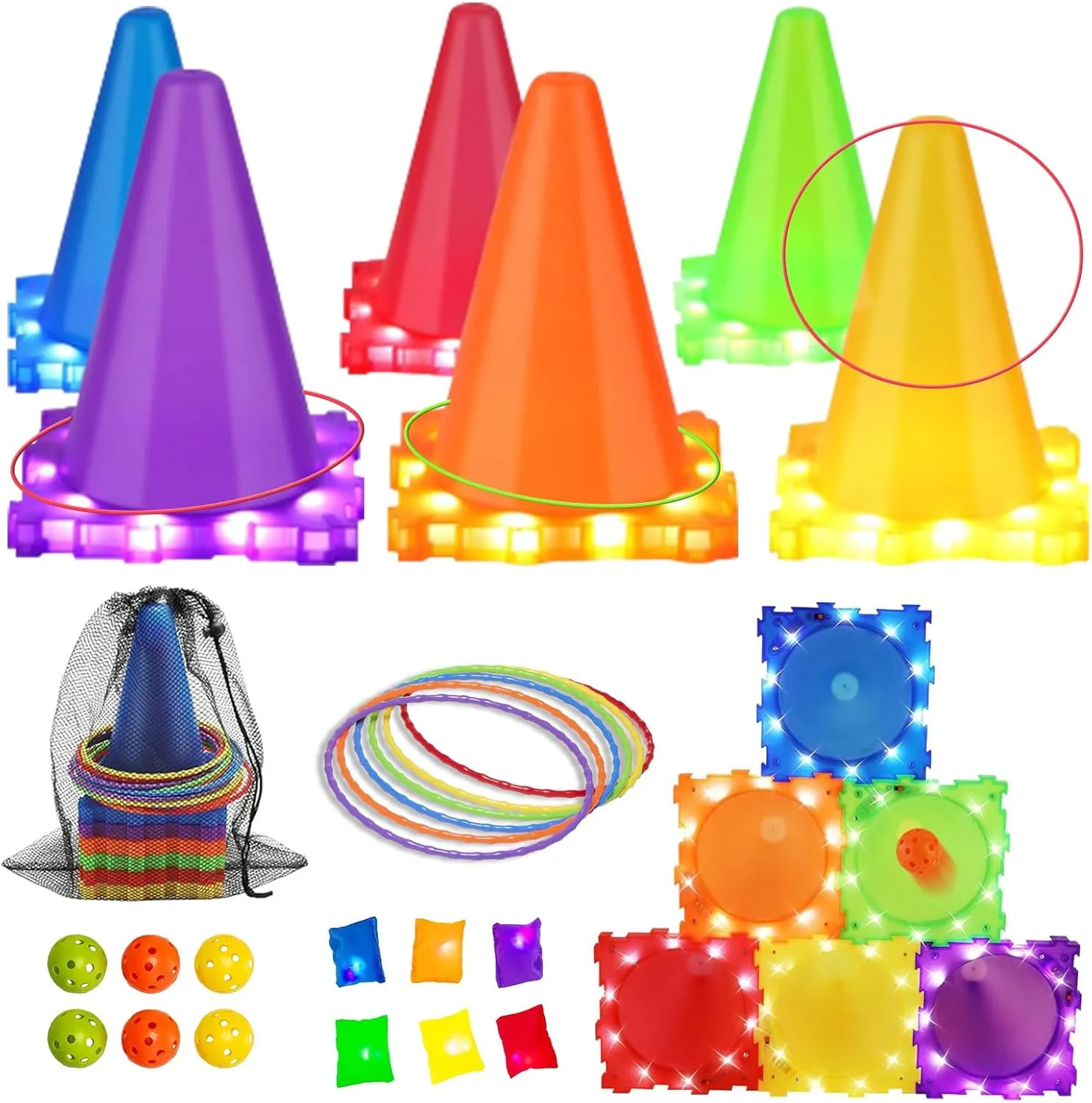 3-in-1 Carnival Games for Kids: Carnival Games with LED Lights Outdoor Toys for Toddlers Ring Toss Game, Bean Bag Toss Game, Soft Plastic Cones, Yard Lawn Game for Family Party