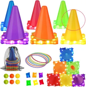 3-in-1 Carnival Games for Kids: Carnival Games with LED Lights Outdoor Toys for Toddlers Ring Toss Game, Bean Bag Toss Game, Soft Plastic Cones, Yard Lawn Game for Family Party