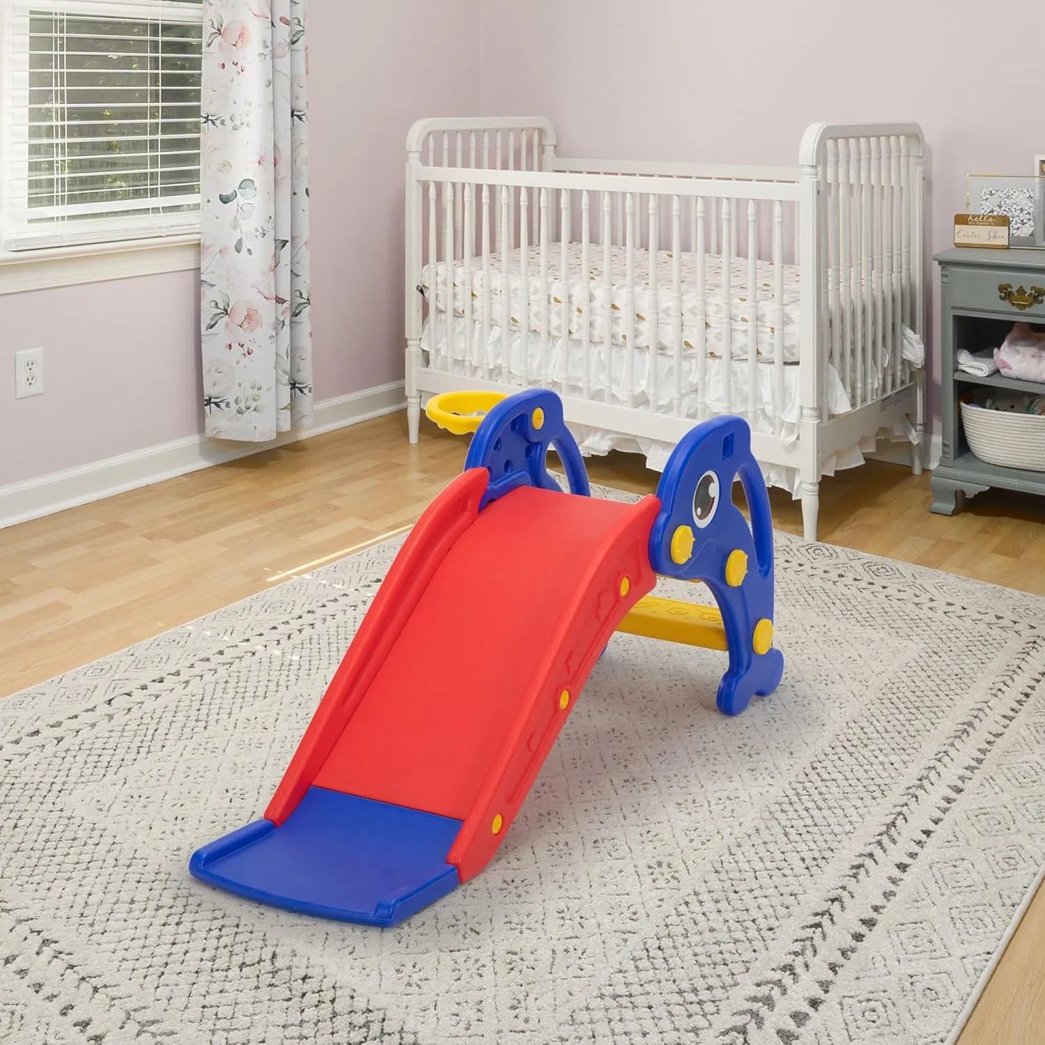 3 in 1 Toddler Slide Playset, Baby Slide Climber with Basketball Hoop and Ball, Indoor Outdoor Playground for Kids Age 2-3, Dolphin Red and Blue