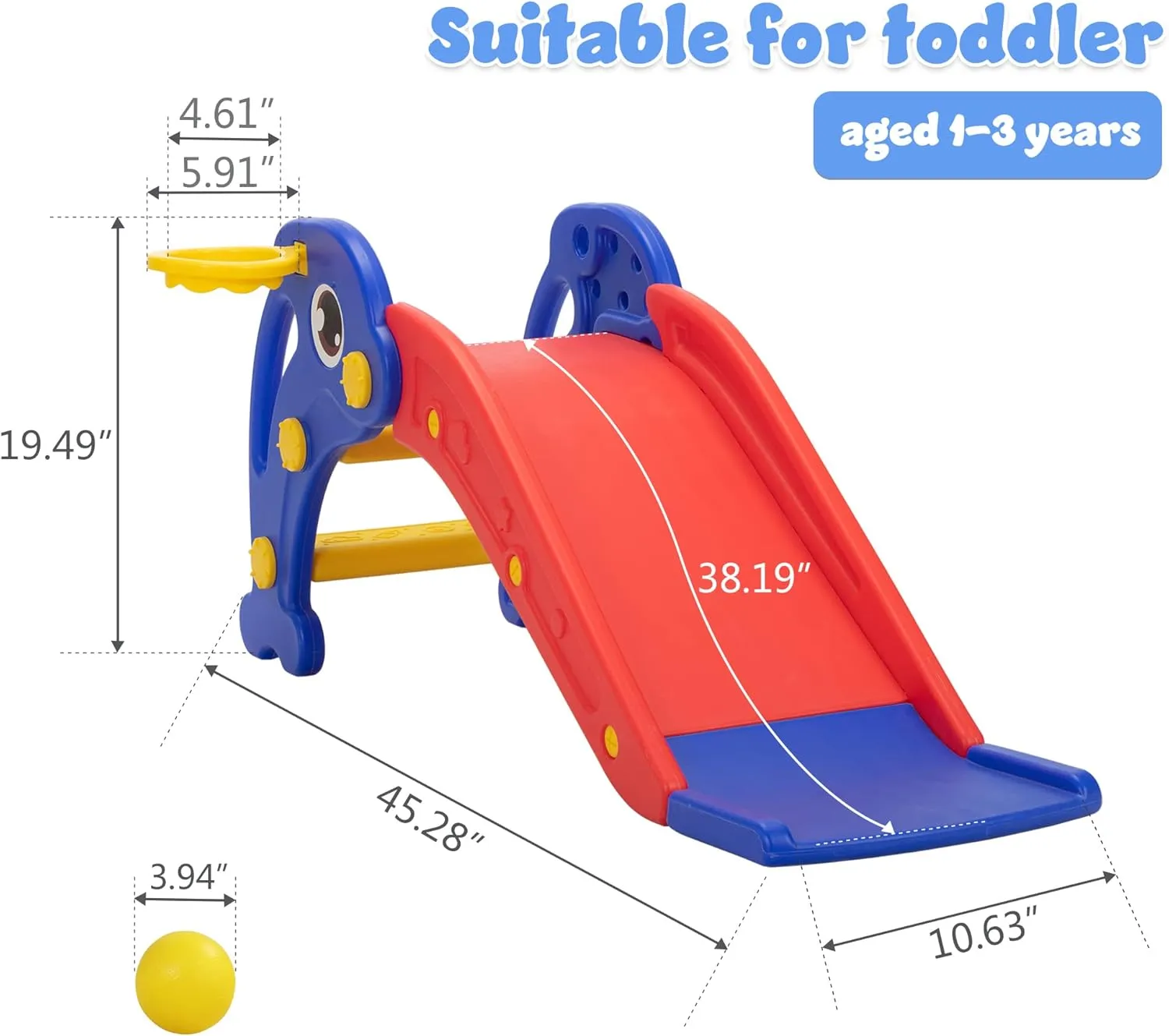 3 in 1 Toddler Slide Playset, Baby Slide Climber with Basketball Hoop and Ball, Indoor Outdoor Playground for Kids Age 2-3, Dolphin Red and Blue