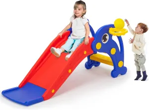 3 in 1 Toddler Slide Playset, Baby Slide Climber with Basketball Hoop and Ball, Indoor Outdoor Playground for Kids Age 2-3, Dolphin Red and Blue