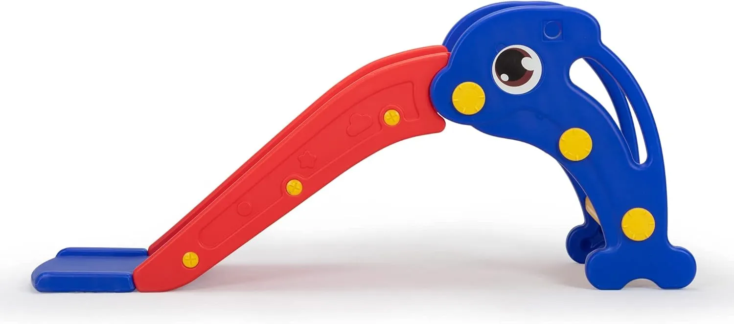 3 in 1 Toddler Slide Playset, Baby Slide Climber with Basketball Hoop and Ball, Indoor Outdoor Playground for Kids Age 2-3, Dolphin Red and Blue