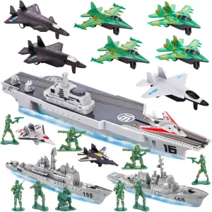 3 otters 27PCS Aircraft Carrier Toy Set, Army Men Military Set Battle Group Plastic Military Toy Aircraft Carrier Warplanes Battleship for Boys Kids Birthday Gift
